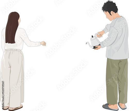 台所で女性と男性と女性と男性が朝 台所で立っているイラスト