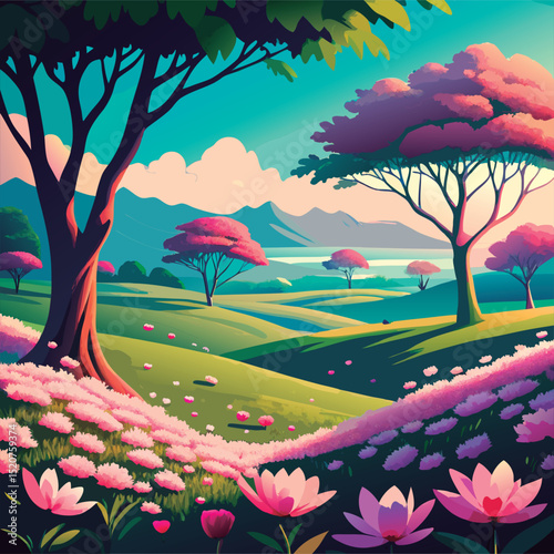 Vector illustration of a Vibrant spring landscape scene.
