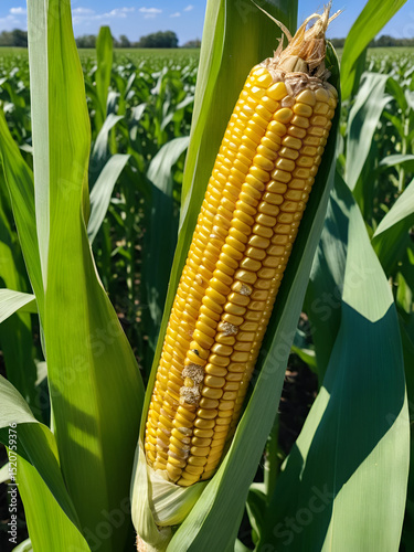 Closeup view of a corn cob with a corn earworm pest damaging the kernels in a sunlit rural farm field  The golden corn cob is surrounded by scattered kernels and the damaged