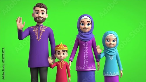Cartoon Cheerful Muslim Family Character Waving Hand on Green Background