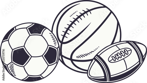  Sport Balls Set, Soccer Art, Minimalist Basketball Design, Athletic Game Illustration