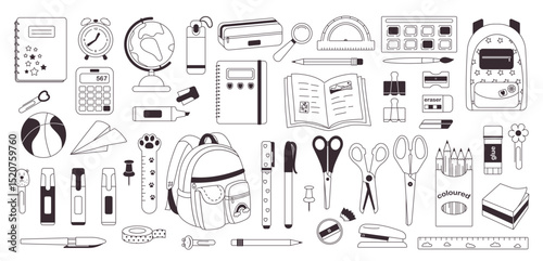 Stationery doodle icon large set. Big set of school supplies hand drawn with contour lines on white background. Bundle of textbooks, stationery supply, education objects. Back to school. Vector 