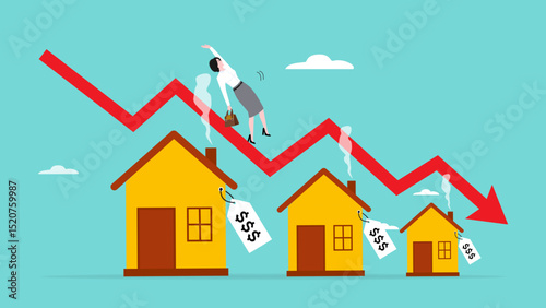 housing prices fall, decline in real estate and property prices, property investment losses, businessman fell from a red graph running down the roof of the house concept illustration