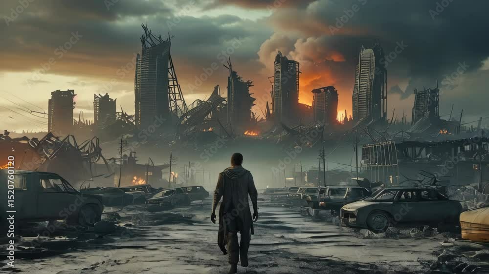 A dramatic end-of-world scenario marked by chaos, destruction, and ...
