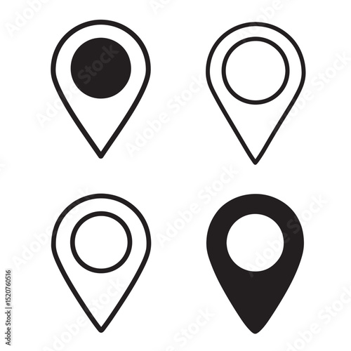 Minimalist set of four map pin location pointers in modern black and white design