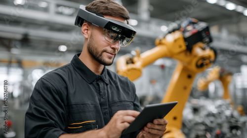 Technician using augmented reality headset and tablet in modern factory setting during daytime operation