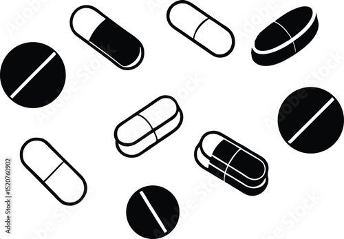 Black and white vector illustration of different pills and capsules