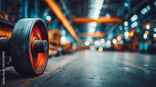 Industrial setting with a close-up of a rusty wheel on a factory floor during late afternoon working hours