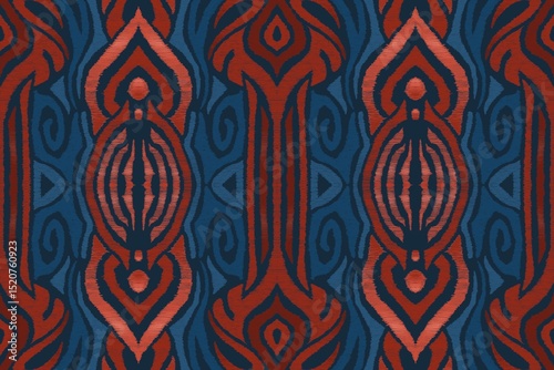 Ikat mountians embroidery on blue background. pattern traditional.design by procreate for texture,fabric,clothing,wrapping,decoration,sar ong.
