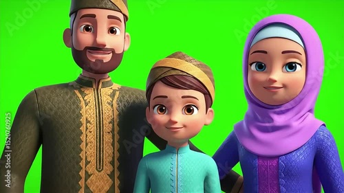 3D Rendered Animated Muslim Family Portrait With Green Screen Background