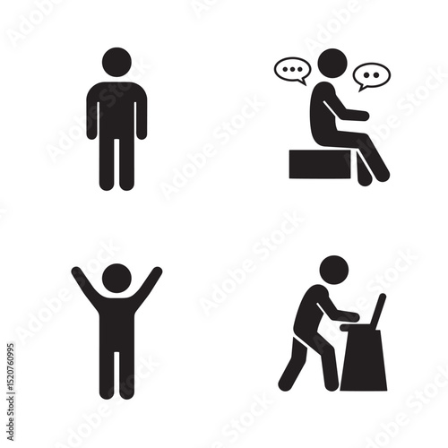 Set of simple black silhouette icons illustrating various human activities and interactions