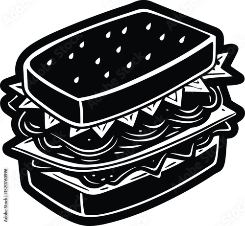 Sandwich Illustration in Black and White Lunch Art with Minimalist Meal Design for Tasty Snack Illustration
