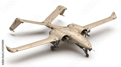 Military aircraft with unique design features in neutral tones on display at a military exposition event
