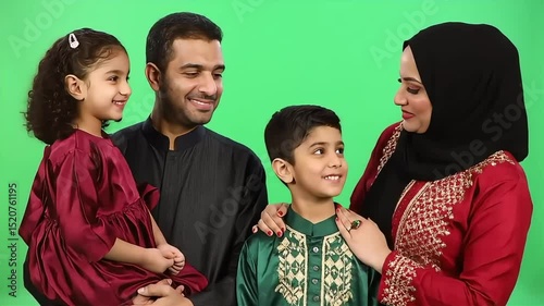 Happy and Smiling Muslim Family Posing Together In Front of Green Screen
