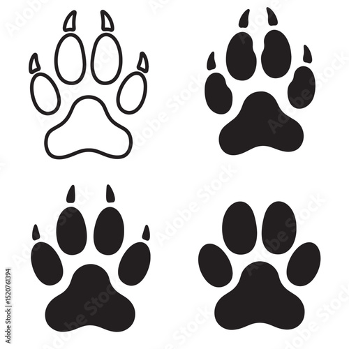 Simple vector illustrations of dog paw prints in black and white showing different styles