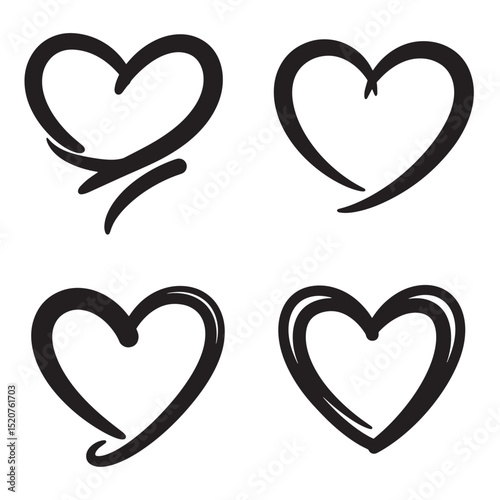 Set of four hand drawn heart silhouettes in black for love and romance