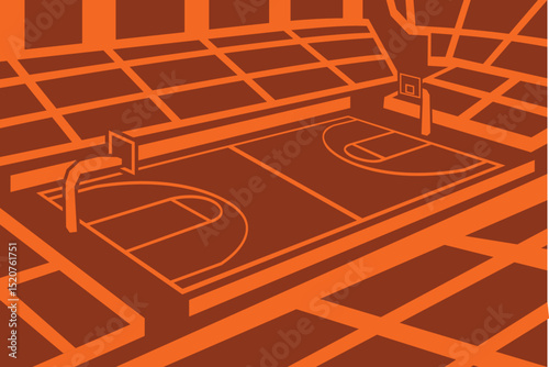 Orange Basketball Court Stadium Arena  from Angled Perspective Outline Silhouette Simple Vector for Background