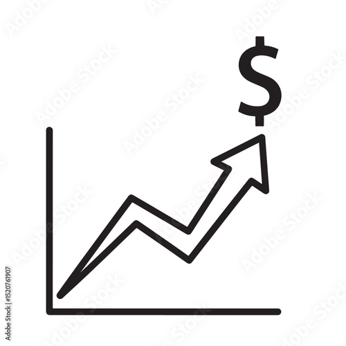 Flat black vector silhouette icon of graph with dollar symbol showing financial growth or revenue increase outline on transparent background