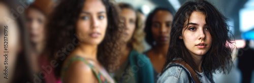 teenager girl or young adult woman face portrait with other people in the background, selective focus blur