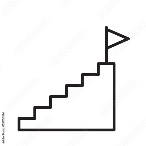 Flat black vector silhouette icon of staircase with flag at top symbolizing career path or achievement outline on transparent background