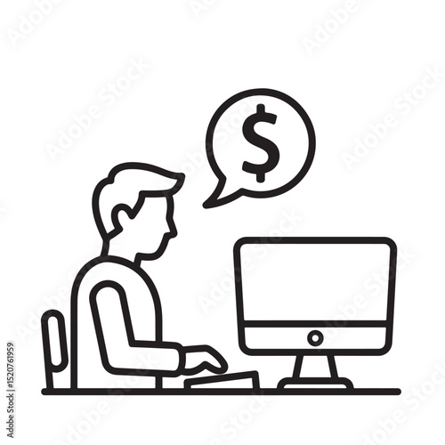 Flat black vector silhouette icon of person behind computer with dollar sign symbolizing online work or freelancing outline on transparent background