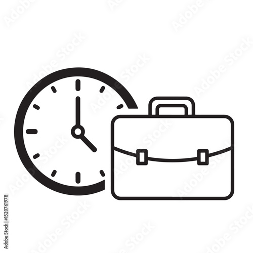 Flat black vector silhouette icon of clock and briefcase side by side symbolizing work schedule or office hours outline on transparent background