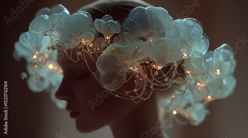 Woman wears unique headpiece made of translucent flowers and lights during an artistic fashion showcase in a dimly lit venue
