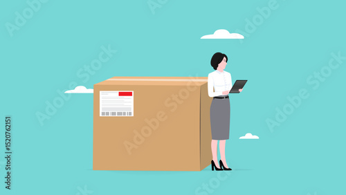product quality control concept vector illustration, businesswoman standing next to large package while checking product quality standards