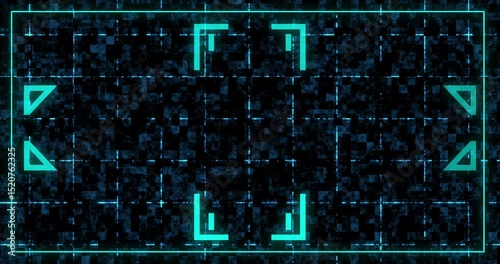 
Digital frame border box with decorative geometric signs 4K technology bg. Hud interface, dynamic moving shapes stream starting, end credits overlay asset on black.Cyber concept software geometry cut