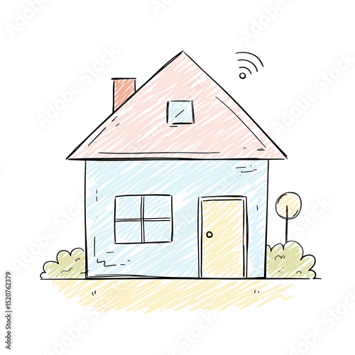 Simple drawing of a house with a wireless signal and garden  