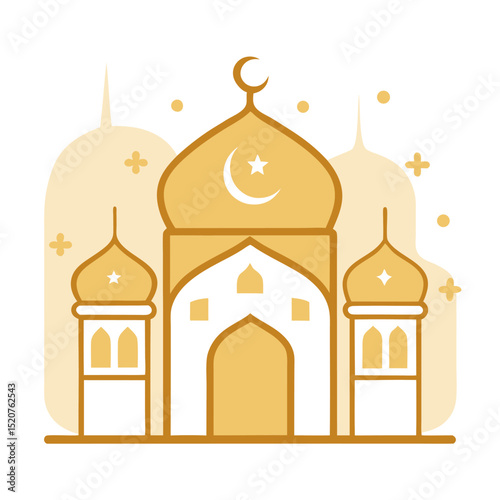 Cream Beige Eid Card with Mosque Outlines and Golden Embellishments in a Refined Style