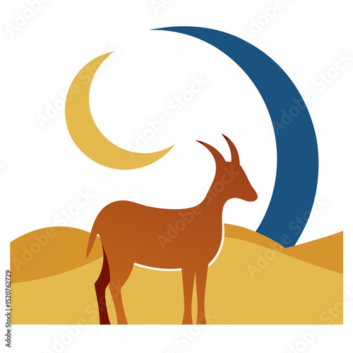 Modern Desert Photo with Goat Beside Crescent, Symbolizing Eid al-Adha Peace