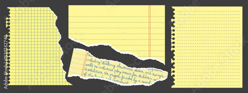 Torn paper elements with rough, uneven edges. Ripped yellow notebook page scraps with paper texture.