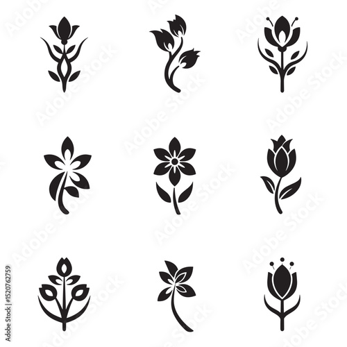Elegant set of nine decorative floral silhouettes in a clean minimalist style for design