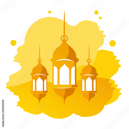 Yellow Eid Background with Artistic Gold Brushstrokes and Intricate Lanterns
