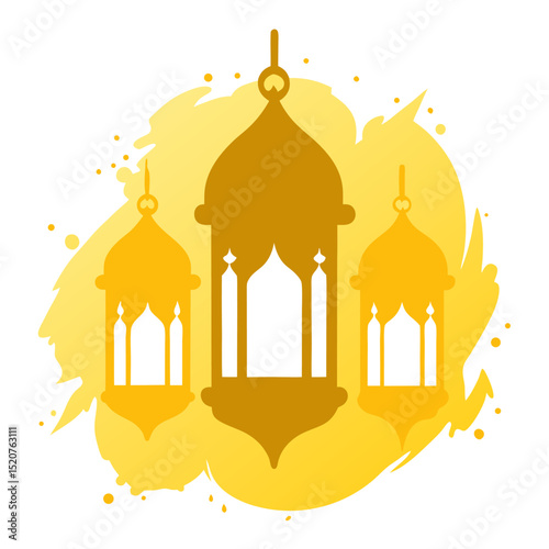 Artistic brushstroke design with golden ink and suspended lamps celebrating Eid traditions.