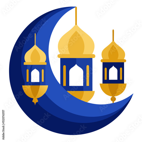 Eid Design with Golden Crescent and Lanterns on Blue Islamic Pattern
