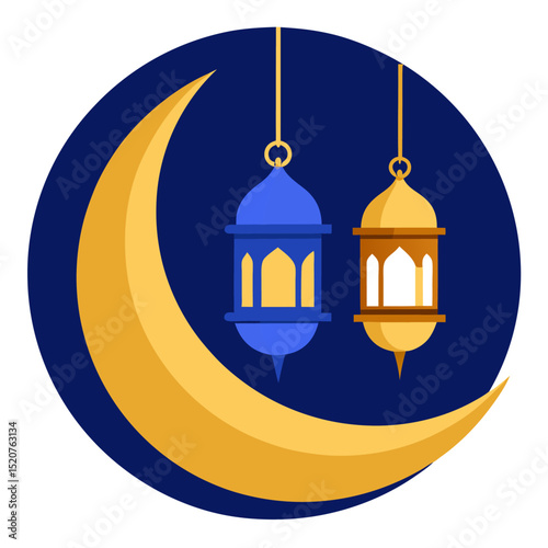 Traditional blue Eid card with golden crescent and lanterns over Islamic patterns, offering timeless elegance