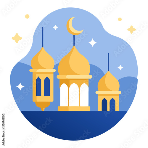 Soft Blue Eid al-Fitr Scene with Crescent and Golden Lanterns