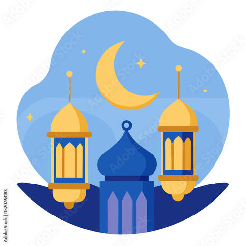 Eid al-Fitr celebration scene with golden lanterns and crescent moon on a soft blue background, radiating festivity and warmth