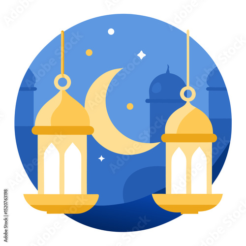 Eid al-Fitr Scene with Golden Lanterns and Crescent on Soft Blue Canvas