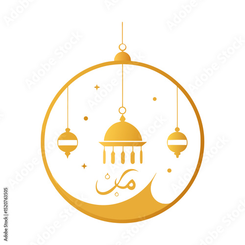 Navy and gold Eid greeting with goat beneath a crescent and script text