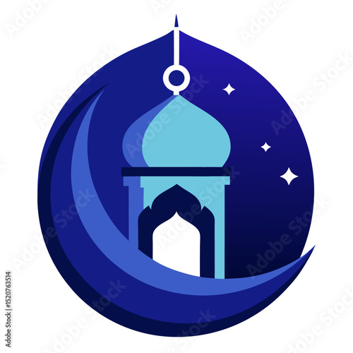 Futuristic Night Eid Design with Blue Gradients, Crescent, and Mosque Dome
