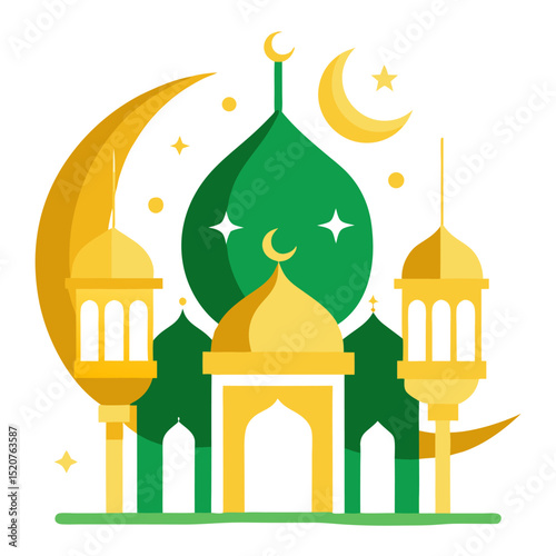 Beige and orange Eid card featuring camel and mosque silhouettes