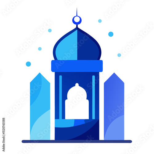 Futuristic night-time Eid card with deep blue gradients, crescent lantern, and glowing mosque dome.