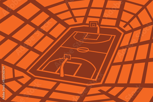 Orange Basketball Court Stadium Arena  from Angled Perspective Outline Silhouette Simple Vector for Background
