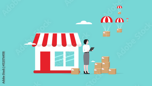 Product Distribution Franchising, checking stock of goods from franchise businesses, businesswoman stands next to a franchise shop while checking the availability of raw goods