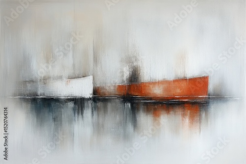 Abstract landscape painting featuring two hazy, rectangular forms?one off-white, one burnt orange?reflected in a dark, watery surface, set against a muted grey backdrop