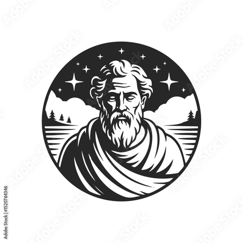 Ancient Philosopher Illustration – Retro Style Portrait with Starry Sky and Landscape