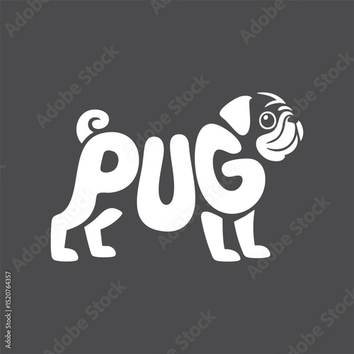 Creative Pug Logo Design – Dog Typography Silhouette in White on Black Background

